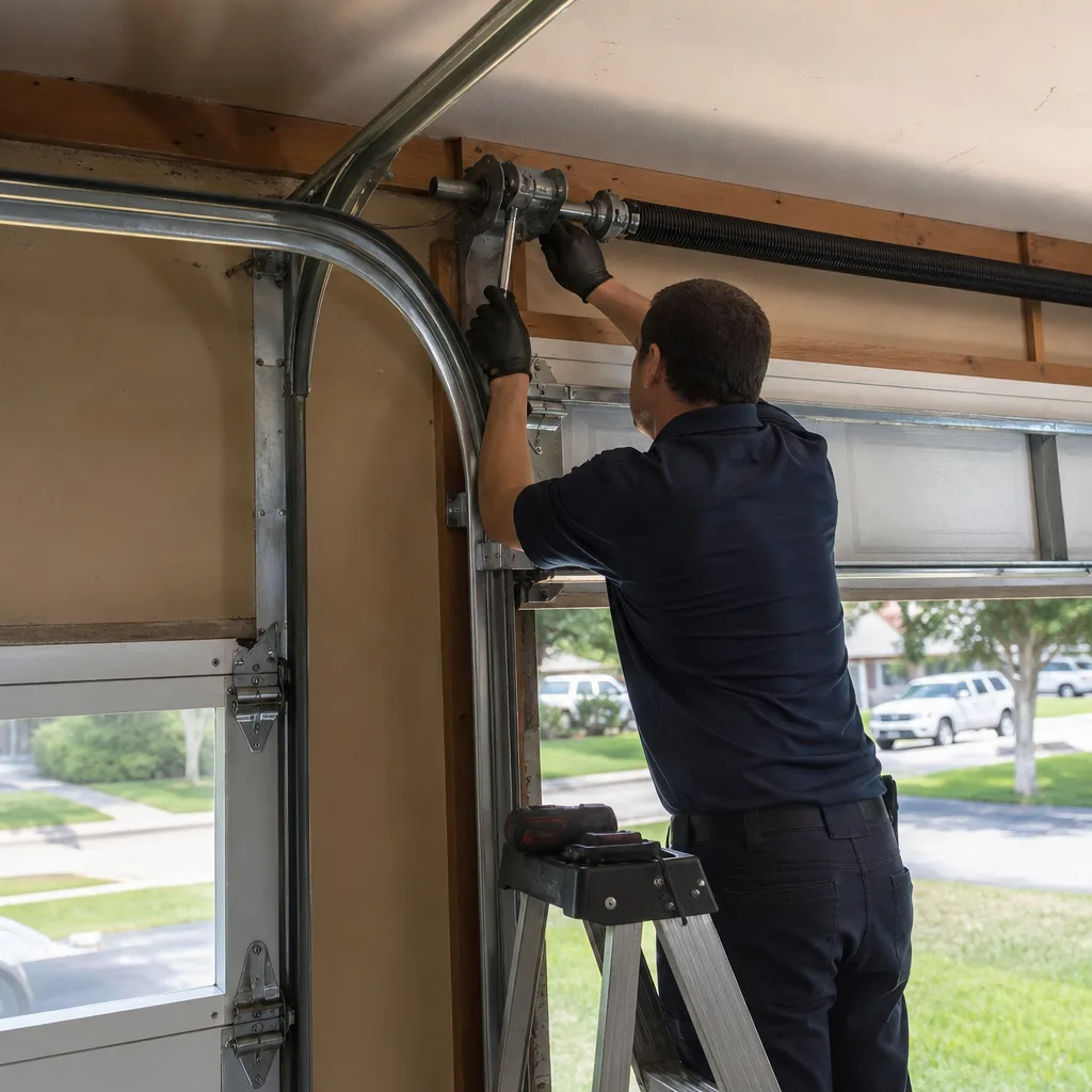 Technician performing professional garage door torsion spring repair and maintenance