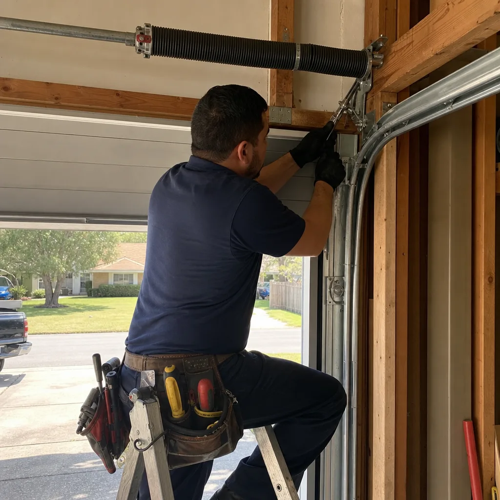 Technician performing professional garage door spring repair and maintenance