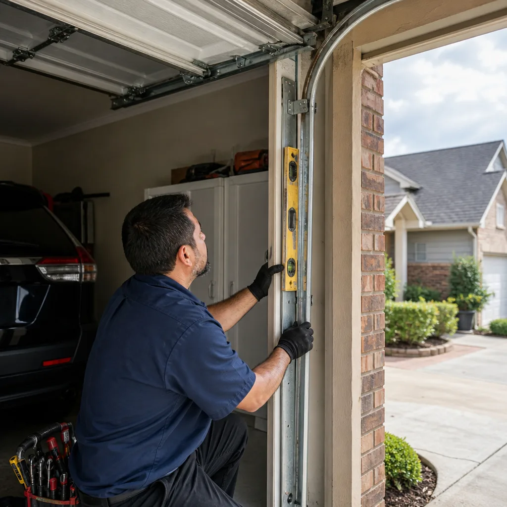 Technician checking garage door track alignment with a spirit level