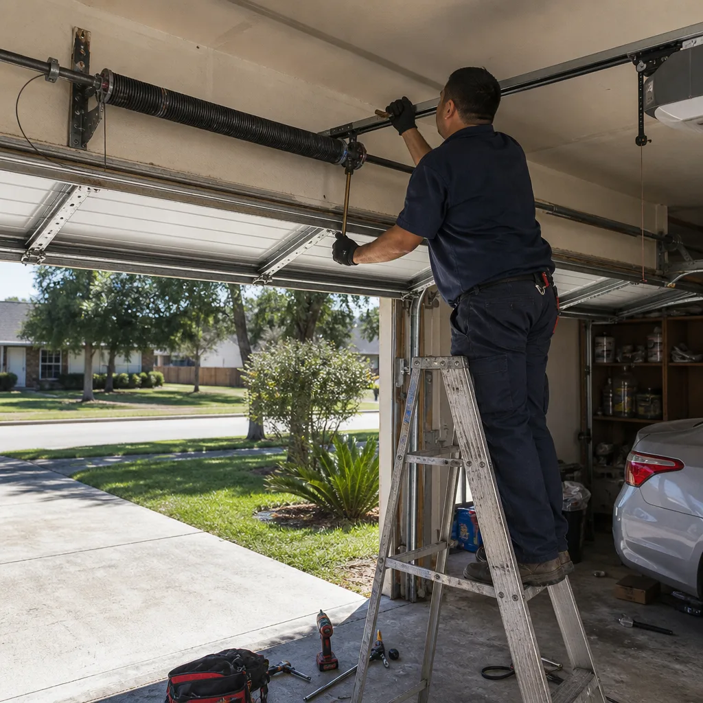 Technician performing professional garage door spring repair